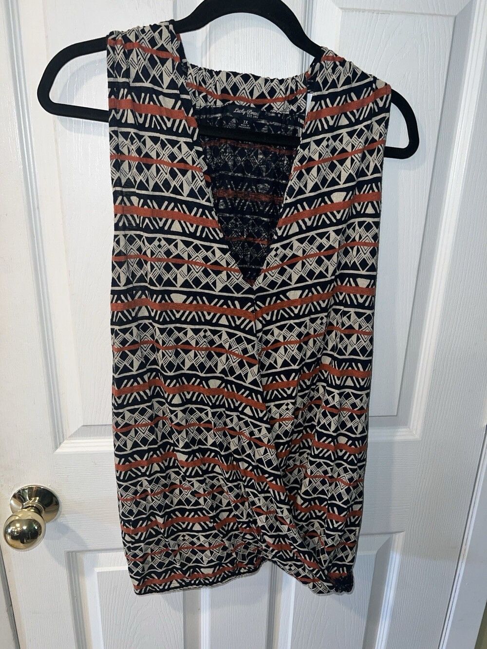 Lucky Brand Shirt Women 1X Linen Viscose Top Razor Back Sleeveless Boho Aztec - Picture 9 of 9